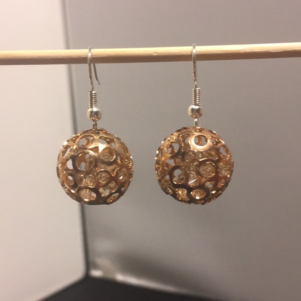 HANDMADE Gold Ball, Rhinestone-filled Earrings